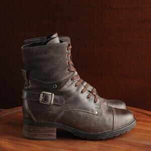 Taos Boots Women SZ 9-9.5 Brown Crave Distressed Leather Zip Lace Up Moto Combat